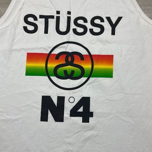Stussy Tank Top Mens Small White Rasta Beach Surf Hype Striped - Picture 2 of 9